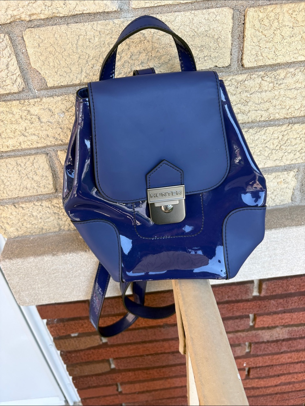 Hunter Navy Patent Mini Backpack with Silver Hardware